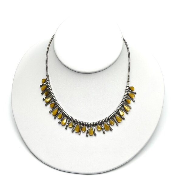 Vintage 1970s-80s Sterling Silver and Golden Mother of Pearl Fringe Bib Necklace - Picture 3 of 12